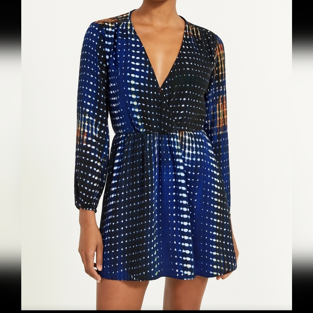 Parker - Blue & White Geometric dot Print Surplice 100% Silk Dress Size L